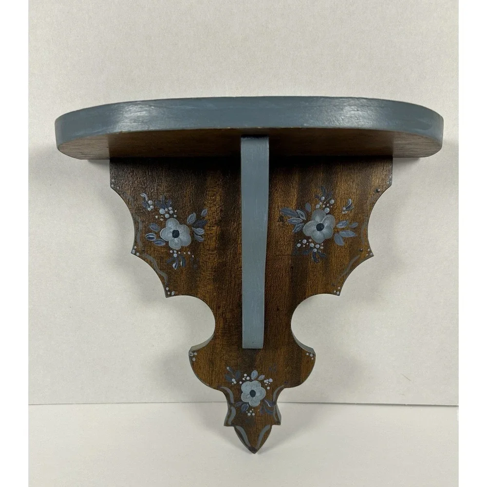 Small Wood Cottagecore Wall Shelf Floral Painted Blue Flowers 10.75